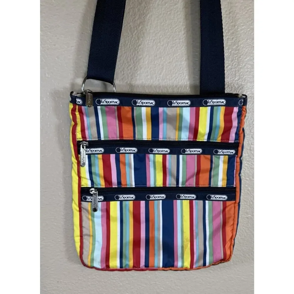 LeSportSac 3 Zip Crossbody Messenger Shoulder Bag Bright Rainbow Stripe